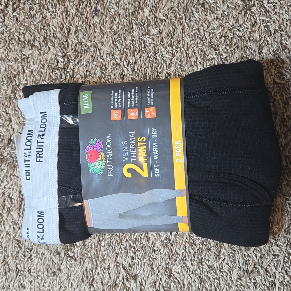 XL Men's Thermal Pants Fruit of the Loom 2 Pack Wicks Moisture Waffle Fabric